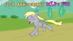 Size: 1280x720 | Tagged: safe, derpibooru import, derpy hooves, pegasus, pony, mlp fim's twelfth anniversary, anniversary, confetti, female, happy birthday mlp:fim, image, png, running, smiling, text