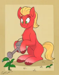 Size: 1626x2048 | Tagged: safe, artist:kaylerustone, derpibooru import, sprout cloverleaf, earth pony, pony, cute, g5, image, jpeg, looking down, male, plant, simple background, smiling, solo, sproutbetes, stallion, watering can