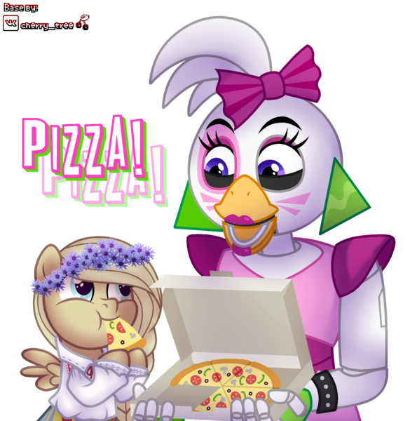 Size: 2000x2050 | Tagged: safe, artist:derek, derpibooru import, oc, oc:cornflower meadow, unofficial characters only, bird, chicken, pegasus, pony, animatronic, bow, bracelet, chica, clothes, commission, crossover, duo, ear piercing, earring, eating, eyeshadow, female, fingerless gloves, five nights at freddy's, five nights at freddy's: security breach, floral head wreath, flower, food, glamrock chica, gloves, hair bow, image, jewelry, lipstick, looking at each other, looking at someone, makeup, mare, open mouth, piercing, pizza, pizza box, png, shirt, simple background, skirt, spiked wristband, transparent background, wristband, ych result