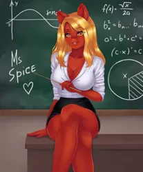 Size: 1062x1280 | Tagged: safe, artist:winnigrette, derpibooru import, part of a set, oc, anthro, earth pony, blouse, breasts, chalkboard, cleavage, clothes, crossed legs, desk, image, jpeg, looking at you, miniskirt, school, sitting, skirt, solo, teacher