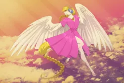 Size: 1400x933 | Tagged: safe, artist:sunny way, derpibooru import, golden feather, princess celestia, sunny starscout, anthro, pegasus, pony, spoiler:comic, spoiler:comic65, art, artwork, clothes, cloud, comic, comic character, digital art, dress, dressed, female, flying, g5, hooves, image, jewelry, mare, mlp comic, my little pony, necklace, outfit, pink dress, png, sky, smiling, solo, solo female, sunny way, sunnyway, wings