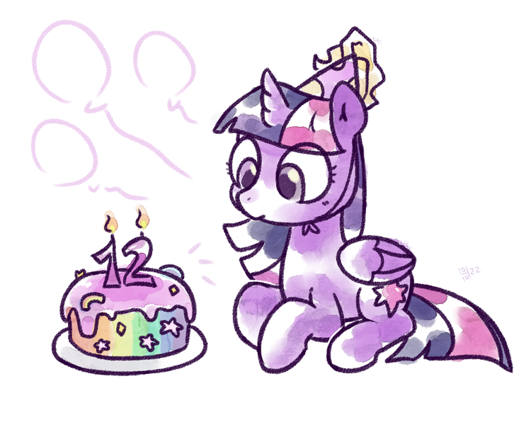 Size: 1225x980 | Tagged: safe, artist:kukie, derpibooru import, twilight sparkle, twilight sparkle (alicorn), alicorn, pony, mlp fim's twelfth anniversary, anniversary, cake, candle, eyelashes, female, folded wings, food, hat, image, looking down, lying down, mare, party hat, png, prone, simple background, sitting, solo, white background, wings