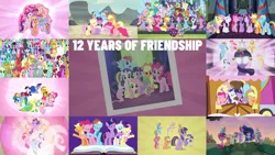 Size: 1978x1113 | Tagged: safe, derpibooru import, edit, edited screencap, editor:quoterific, screencap, aloe, amethyst star, apple bloom, applejack, berry blend, berry bliss, berry punch, berryshine, big macintosh, bon bon, bulk biceps, carrot cake, carrot top, cheerilee, cloudchaser, daisy, derpy hooves, diamond tiara, doctor whooves, flitter, flower wishes, fluttershy, gallus, golden harvest, granny smith, lemon hearts, lily, lily valley, linky, lotus blossom, lyra heartstrings, mayor mare, minuette, ocellus, octavia melody, pinkie pie, pipsqueak, pokey pierce, pound cake, princess twilight 2.0, pumpkin cake, rainbow dash, rarity, roseluck, sandbar, sassaflash, scootaloo, sea swirl, seafoam, shoeshine, silver spoon, silverstream, smolder, snails, snips, spike, spring melody, sprinkle medley, starlight glimmer, sunshower raindrops, sweetie belle, sweetie drops, thunderlane, time turner, twilight sparkle, twilight sparkle (alicorn), twist, vinyl scratch, yona, alicorn, changeling, dragon, earth pony, gryphon, hippogriff, pegasus, pony, unicorn, yak, a hearth's warming tail, fame and misfortune, friendship is magic, magical mystery cure, school daze, season 1, season 2, season 3, season 4, season 5, season 6, season 7, season 8, season 9, the beginning of the end, the best night ever, the crystal empire, the cutie map, the cutie re-mark, the last problem, the return of harmony, twilight's kingdom, spoiler:s08, spoiler:s09, 12 years of pony, anniversary, clothes, cupcake, cutie mark crusaders, dress, element of generosity, element of honesty, element of kindness, element of laughter, element of loyalty, element of magic, elements of harmony, eyes closed, female, filly, flower trio, foal, food, friendship student, gala dress, image, male, mane eight, mane seven, mane six, mare, older, older applejack, older fluttershy, older mane seven, older mane six, older pinkie pie, older rainbow dash, older rarity, older spike, older twilight, open mouth, png, singing, stallion, student six, unicorn twilight