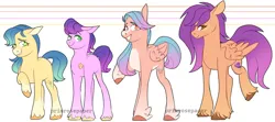 Size: 1280x566 | Tagged: safe, artist:primrosepaper, derpibooru import, oc, oc:darling petals, oc:honey blossom, oc:jazz, oc:swift justice, unofficial characters only, earth pony, pegasus, pony, coat markings, facial markings, feathered fetlocks, female, grin, image, male, mare, offspring, pale belly, parent:hitch trailblazer, parent:pipp petals, parents:hitchpipp, png, siblings, simple background, smiling, snip (coat marking), stallion, unshorn fetlocks, white background