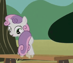 Size: 618x536 | Tagged: safe, derpibooru import, screencap, sweetie belle, pony, unicorn, the show stoppers, animated, butt, butt shake, cute, diasweetes, dirt, dust particles, dusting, female, filly, foal, gif, i watch it for the plot, image, open mouth, picnic table, plot, prehensile tail, singing, smiling, solo, sweepy belle, sweetie butt, table, tail, tail whip, tree