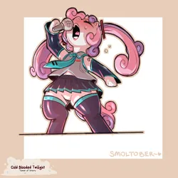 Size: 1200x1200 | Tagged: safe, artist:cold-blooded-twilight, derpibooru import, sweetie belle, pony, blushing, clothes, cosplay, costume, featureless crotch, female, filly, foal, image, leggings, microphone, miku hatsune, necktie, open mouth, pigtails, png, sweat, twintails