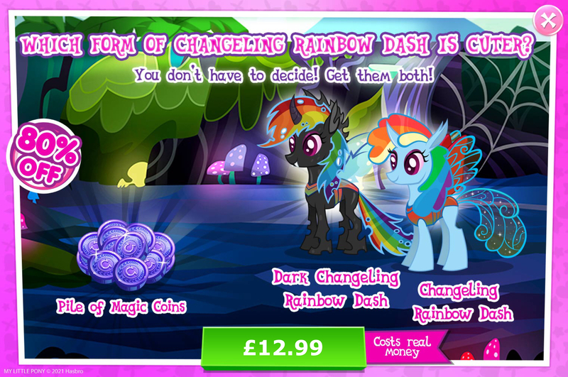 Size: 1957x1300 | Tagged: safe, derpibooru import, official, rainbow dash, changedling, changeling, advertisement, changelingified, costs real money, dashling, english, female, gameloft, horn, image, insect wings, jpeg, magic coins, numbers, sale, species swap, text, wings