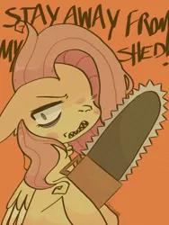 Size: 768x1024 | Tagged: semi-grimdark, artist:cereal, artist:kyattondaaq, derpibooru import, fluttershy, pegasus, pony, .mov, shed.mov, angry, chainsaw, digital art, female, fluttershed, image, orange background, pink hair, png, sharp teeth, simple background, solo, solo female, stay out of my shed, teeth, yellow skin