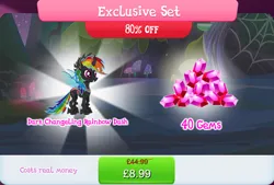 Size: 1268x858 | Tagged: safe, derpibooru import, official, rainbow dash, changeling, bundle, changelingified, costs real money, dashling, english, female, gameloft, gem, horn, image, insect wings, jpeg, numbers, sale, species swap, text, wings
