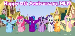 Size: 5985x2936 | Tagged: safe, artist:btnf1998, derpibooru import, applejack, fluttershy, pinkie pie, rainbow dash, rarity, twilight sparkle, twilight sparkle (alicorn), oc, alicorn, earth pony, pegasus, pony, unicorn, mlp fim's twelfth anniversary, anniversary, applejack's hat, cowboy hat, g4, happy birthday mlp:fim, hat, image, mane six, png, ponysona, wings