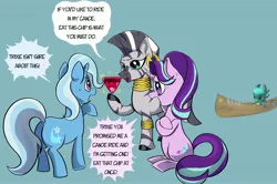 Size: 3000x1991 | Tagged: safe, artist:swagstapiece, derpibooru import, sparky sparkeroni, starlight glimmer, trixie, zecora, dragon, pony, unicorn, zebra, baby, baby dragon, blue background, butt, canoe, crossed hooves, dialogue, female, g5, image, jpeg, mare, plot, simple background, speech bubble, style clash, the great and powerful ass