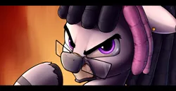 Size: 2849x1470 | Tagged: safe, artist:whiskeypanda, derpibooru import, oc, oc:dizzy, zebra, abstract background, angry, butt, dreadlocks, fire, glasses, image, jewelry, looking at you, png, raffle prize, rage, raised hoof, solo, zebra oc
