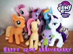 Size: 1080x810 | Tagged: safe, artist:count adramélekh sear, derpibooru import, applejack, fluttershy, pinkie pie, rainbow dash, rarity, spike, twilight sparkle, twilight sparkle (alicorn), alicorn, dragon, earth pony, pegasus, pony, unicorn, mlp fim's twelfth anniversary, anniversary, happy birthday mlp:fim, image, jpeg, mane seven, mane six, photo, plushie