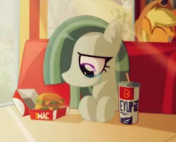 Size: 1154x934 | Tagged: safe, artist:mlpfbismagic, artist:ruhisu, derpibooru import, edit, applejack, marble pie, earth pony, pony, big mac (burger), burger, crying, eeyup, female, food, hamburger, heartbreak, heartbroken marble, image, implied big macintosh, implied shipping, implied sugarmac, jpeg, laughing, mare, mcdonald's, restaurant, sitting