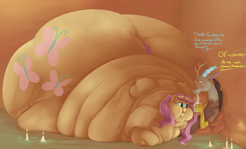 Size: 3500x2128 | Tagged: questionable, artist:athan, artist:lupin quill, derpibooru import, discord, fluttershy, draconequus, pegasus, pony, belly, belly bed, big belly, bingo, blob, butt, candle, chocolate, chubby cheeks, dialogue, discoshy, double chin, eyes closed, fat, fattershy, female, fetish, flabby chest, food, hot chocolate, huge belly, huge butt, image, immobile, impossibly large belly, impossibly large butt, large butt, lineless, lying down, lying on top of someone, male, marshmallow, morbidly obese, multichin, obese, open mouth, pillow, plot, png, rolls of fat, shipping, squashing, straight, stretched cutie mark, sweat, sweatdrop, the ass was fat, whipped cream
