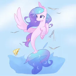 Size: 1080x1080 | Tagged: safe, artist:tialtri, derpibooru import, oc, unofficial characters only, bird, fish, pegasus, pony, seagull, seapony (g4), blue mane, blue tail, cute, digital art, dorsal fin, female, fish tail, flowing mane, flowing tail, image, jpeg, mare, ocean, seaponified, sky, smiling, solo, species swap, spread wings, tail, water, wings