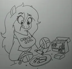 Size: 2048x1965 | Tagged: safe, artist:pony quarantine, derpibooru import, oc, oc:anon-mare, unofficial characters only, earth pony, pony, bib, crayon, eating, female, fork, grayscale, image, jpeg, knife, licking, licking lips, mare, monochrome, plate, solo, tongue out, traditional art