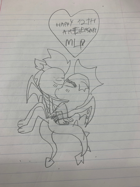 Size: 3024x4032 | Tagged: safe, artist:enperry88, derpibooru import, fizzle, garble, dragon, anniversary, blushing, garbizzle, gay, happy birthday mlp:fim, heart, image, jpeg, kissing, male, mlp fim's twelfth anniversary, paper, shipping, sketch, teenaged dragon, traditional art