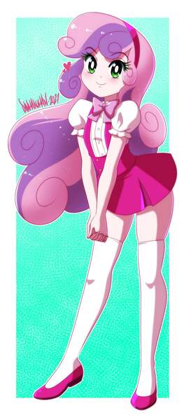 Size: 850x1939 | Tagged: safe, artist:danmakuman, derpibooru import, sweetie belle, equestria girls, bow, bowtie, clothes, curly hair, cute, diasweetes, female, flats, full body, green eyes, hairband, happy, heart, hips, image, jpeg, looking at you, miniskirt, pink bow, shoes, signature, skirt, smiling, smiling at you, socks, solo, stockings, suspenders, thigh highs, weapons-grade cute, zettai ryouiki