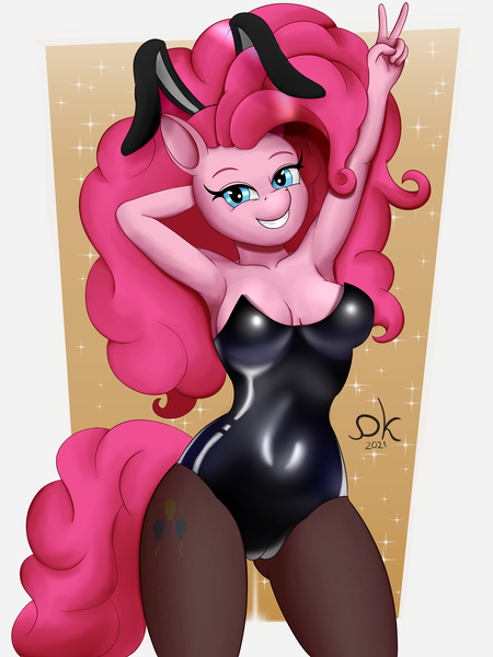 Size: 3000x4000 | Tagged: questionable, artist:demonkush, derpibooru import, pinkie pie, anthro, earth pony, arm behind head, armpits, breasts, bunny ears, bunny suit, busty pinkie pie, cameltoe, clothes, digital art, female, image, latex, latex leotard, looking at you, peace sign, png, simple background, smiling, smiling at you, socks, solo, stockings, tail, thigh highs, thighs, wide hips
