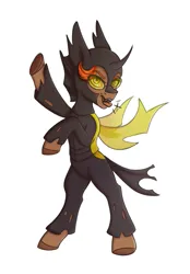 Size: 1600x2300 | Tagged: safe, derpibooru import, oc, oc:autumn breeze, changeling, earth pony, clothes, costume, glasses, hissing, image, png, solo, yellow changeling