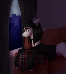 Size: 1928x2160 | Tagged: safe, artist:avi, derpibooru import, oc, choker, clothes, curtains, image, jpeg, looking at each other, looking at someone, signature, solo, sweater, window