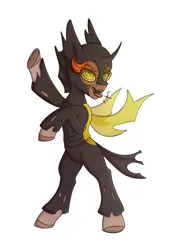 Size: 1600x2300 | Tagged: safe, artist:tanatos, derpibooru import, oc, oc:autumn breeze, changeling, earth pony, clothes, costume, glasses, hissing, image, png, solo, yellow changeling