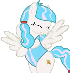 Size: 3964x4121 | Tagged: safe, artist:duskyzombie, derpibooru import, oc, oc:sugar stamp, pegasus, pony, absurd resolution, bipedal, clothes, cute, elements of justice, eyes closed, female, image, mare, one-piece swimsuit, png, simple background, smiling, solo, spread wings, swimsuit, transparent background, vector, wings