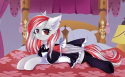 Size: 1202x741 | Tagged: safe, artist:freyamilk, derpibooru import, oc, oc:skyshard melody, pegasus, pony, bed, bedroom, clothes, cute, ear piercing, female, folded wings, image, jpeg, laying on bed, lying down, maid, maid headdress, mare, on bed, pegasus oc, piercing, red eyes, serious, serious face, socks, solo, stockings, tail, thigh highs, unamused, white fur, wings