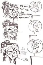 Size: 2000x3000 | Tagged: safe, artist:nire, derpibooru import, twilight sparkle, oc, pony, unicorn, mlp fim's twelfth anniversary, anniversary, comic, dialogue, freckles, glasses, image, mole, monochrome, png, text