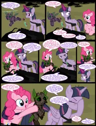 Size: 1042x1358 | Tagged: safe, artist:dendoctor, derpibooru import, mean twilight sparkle, pinkie pie, twilight sparkle, twilight sparkle (alicorn), alicorn, earth pony, pony, timber wolf, comic:clone.., alternate universe, bag, bottle, clone, comic, everfree forest, facehoof, female, g4, glow, glowing horn, horn, image, jpeg, magic, mare, pinkie clone, saddle bag, telekinesis