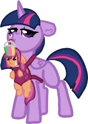 Size: 462x649 | Tagged: safe, artist:nootaz, derpibooru import, sunny starscout, twilight sparkle, twilight sparkle (alicorn), alicorn, pony, mlp fim's twelfth anniversary, ><, carrying, drinking, eyes closed, female, filly, foal, g5, image, png, simple background, sunny and her heroine, sweat, transparent background