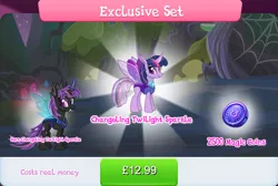 Size: 1267x851 | Tagged: safe, derpibooru import, official, twilight sparkle, changedling, changeling, bundle, changelingified, costs real money, english, female, gameloft, horn, image, insect wings, jpeg, magic coins, numbers, sale, species swap, text, twiling, wings