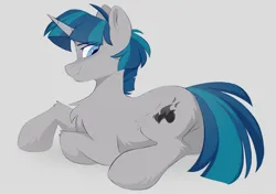 Size: 1886x1330 | Tagged: safe, artist:crimmharmony, derpibooru import, stygian, pony, unicorn, butt, chest fluff, gray background, image, jpeg, looking back, lying down, male, missing accessory, plot, simple background, solo, stallion