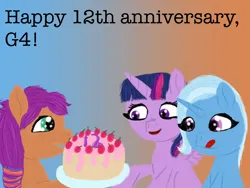 Size: 2048x1536 | Tagged: safe, artist:the crystal artist, derpibooru import, sunny starscout, trixie, twilight sparkle, twilight sparkle (alicorn), alicorn, earth pony, pony, unicorn, mlp fim's twelfth anniversary, anniversary, cake, cherry, cute, derpibooru exclusive, excited, female, food, frosting, g5, gradient background, happy, image, impressed, licking, licking lips, lineless, mare, png, smiling, sparkly eyes, tongue out, trio, wingding eyes