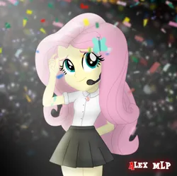 Size: 800x798 | Tagged: safe, artist:alex mlp, derpibooru import, edit, edited screencap, screencap, fluttershy, equestria girls, confetti, geode of fauna, image, magical geodes, microphone, png, solo, stage