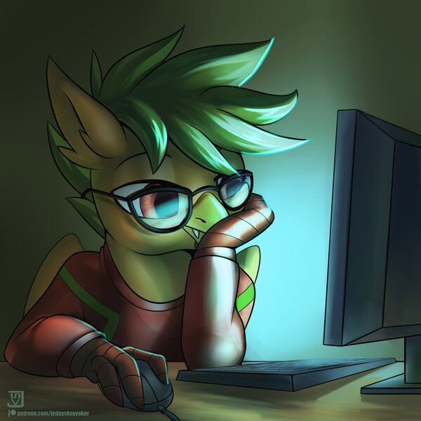 Size: 2000x2000 | Tagged: safe, artist:jedayskayvoker, derpibooru import, oc, oc:galder rust, unofficial characters only, gryphon, computer, eared griffon, glasses, image, jpeg, old version, raffle prize, solo