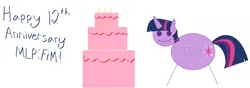 Size: 4427x1560 | Tagged: safe, artist:twilyisbestpone, derpibooru import, twilight sparkle, twilight sparkle (alicorn), alicorn, pony, mlp fim's twelfth anniversary, 1000 hours in ms paint, birthday, birthday cake, cake, derpibooru exclusive, female, food, happy, happy birthday mlp:fim, image, intentionally bad, mare, ms paint, png, quality, simple background, smiling, solo, stick pony, white background