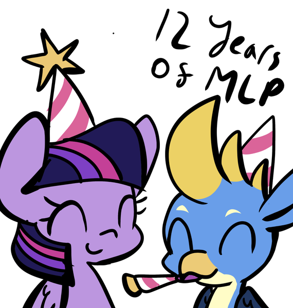 Size: 1420x1496 | Tagged: safe, artist:derp pone, derpibooru import, gallus, twilight sparkle, twilight sparkle (alicorn), alicorn, gryphon, pony, mlp fim's twelfth anniversary, duo, happy, happy birthday mlp:fim, hat, image, party hat, png