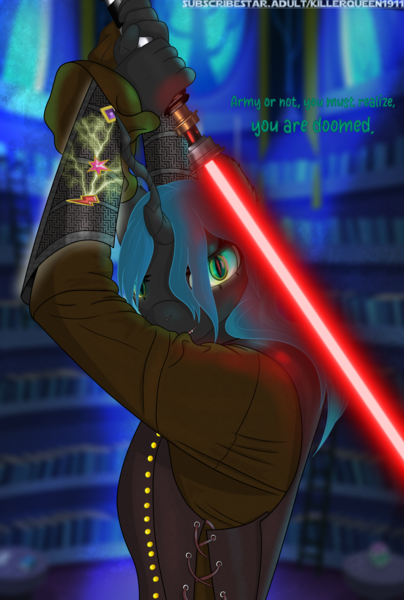 Size: 2760x4098 | Tagged: safe, artist:killerqueen1911, derpibooru import, queen chrysalis, anthro, changeling, antagonist, armor, battle stance, black coat, blade, bracer, clothes, crossover, element of generosity, element of honesty, element of kindness, element of laughter, element of loyalty, element of magic, elements of harmony, eyelashes, eyeliner, eyeshadow, fangs, female, glow, glowing eyes, horn, image, laser, leather, leather armor, leather straps, lightsaber, looking at you, makeup, png, pose, saber, sith, solo, solo female, star wars, sword, villainess, weapon