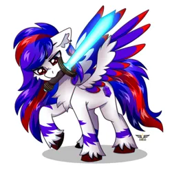 Size: 2500x2500 | Tagged: safe, artist:leah minik, derpibooru import, oc, oc:chiseled amethyst, unofficial characters only, pegasus, pony, chest fluff, colored wings, commission, ear piercing, earring, full body, image, jewelry, looking at something, male, mouth hold, multicolored wings, pegasus oc, piercing, png, raised hoof, simple background, solo, spread wings, stallion, sword, tail, two toned mane, two toned tail, weapon, white background, wings, ych result