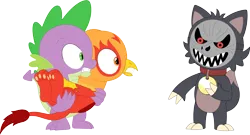 Size: 3554x1925 | Tagged: safe, artist:porygon2z, derpibooru import, spike, oc, oc:heatwave, dragon, gryphon, image, king clawthorne, male, mask, png, simple background, the owl house, transparent background, trio, trio male