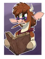 Size: 909x1200 | Tagged: safe, artist:redahfuhrerking, derpibooru import, cow, them's fightin' herds, arizona (tfh), book, colored, community related, female, glasses, image, jpeg, pen, reading, simple background