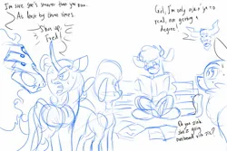 Size: 1800x1200 | Tagged: safe, artist:redahfuhrerking, derpibooru import, fhtng th§ ¿nsp§kbl, oleander (tfh), velvet reindeer, comic:arizona learns how to read, them's fightin' herds, arizona (tfh), community related, image, jpeg, pom (tfh), reading, sketch, texas (tfh)