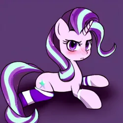 Size: 1024x1024 | Tagged: safe, derpibooru import, machine learning generated, stable diffusion, starlight glimmer, pony, unicorn, blushing, clothes, cute, female, glimmerbetes, image, jpeg, looking at you, mare, socks, solo, unamused