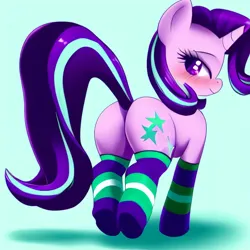 Size: 1024x1024 | Tagged: suggestive, derpibooru import, machine learning generated, stable diffusion, starlight glimmer, pony, unicorn, blushing, butt, clothes, female, glimmer glutes, image, jpeg, looking at you, mare, plot, raised tail, rear view, smiling, socks, solo, tail