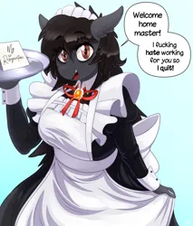 Size: 1741x2048 | Tagged: safe, artist:replica, derpibooru import, oc, oc:replica, anthro, earth pony, breasts, clothes, dialogue, dress, female, image, jpeg, looking at you, maid, open mouth, rule 63, solo, speech bubble, talking to viewer, text, thighs, vulgar, wide hips