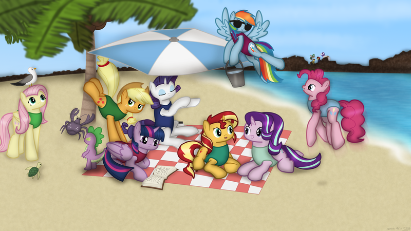 Size: 2386x1343 | Tagged: safe, artist:99999999000, derpibooru import, apple bloom, applejack, fluttershy, pinkie pie, rainbow dash, rarity, spike, starlight glimmer, sunset shimmer, twilight sparkle, twilight sparkle (alicorn), oc, alicorn, bird, dragon, earth pony, fly, insect, pegasus, pony, unicorn, animal, bucket, clothes, coconut, coconut crab, female, food, image, mane seven, mane six, png, sea turtle, sunglasses, umbrella