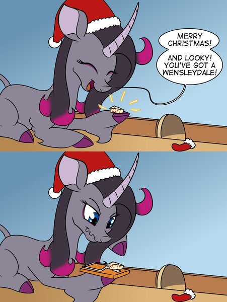 Size: 1156x1537 | Tagged: safe, artist:redahfuhrerking, derpibooru import, oleander (tfh), classical unicorn, unicorn, them's fightin' herds, cheese, christmas, cloven hooves, comic, community related, food, hat, holiday, image, jpeg, leonine tail, mouse hole, mouse trap, santa hat, sock, text, unshorn fetlocks, wavy mouth