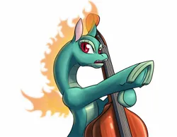 Size: 1800x1400 | Tagged: safe, artist:redahfuhrerking, derpibooru import, dragon, hybrid, longma, them's fightin' herds, bass guitar, colored, community related, female, image, jpeg, musical instrument, red eyes, simple background, solo, tianhuo (tfh), white background